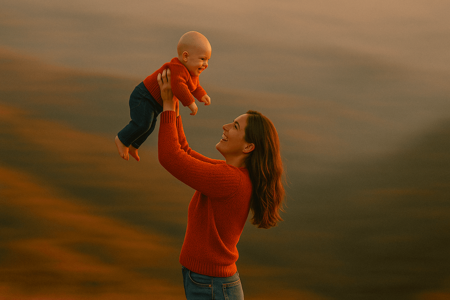 Parent lifting baby at sunset